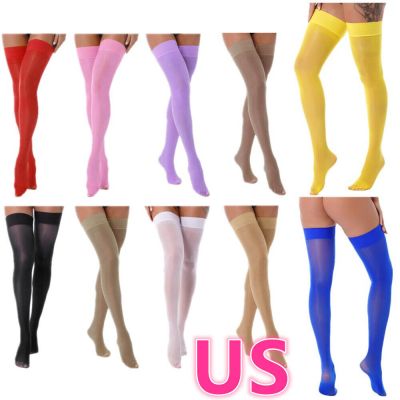 US Women Glossy Thigh High Stockings Shiny Solid Color Over The Knee High Socks